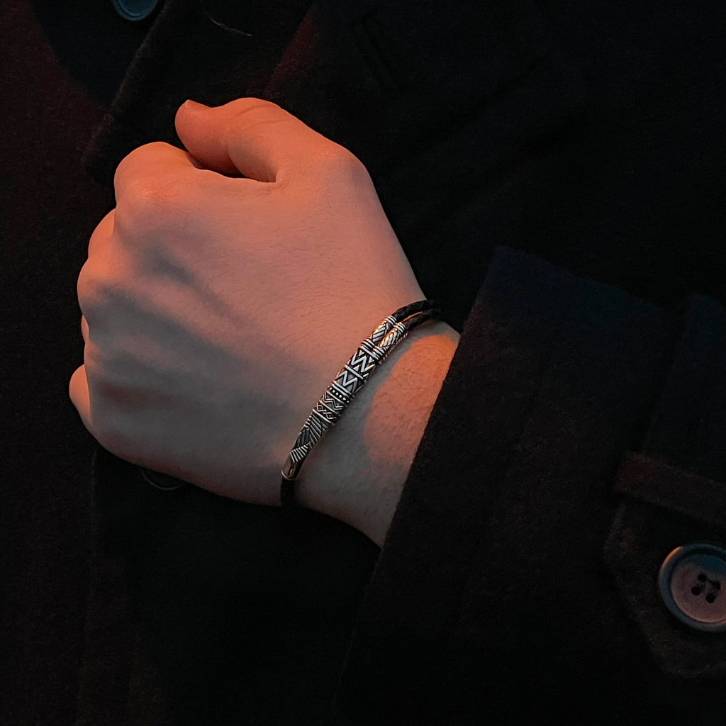 Krieger Armband aus Silber und Leder für Männer